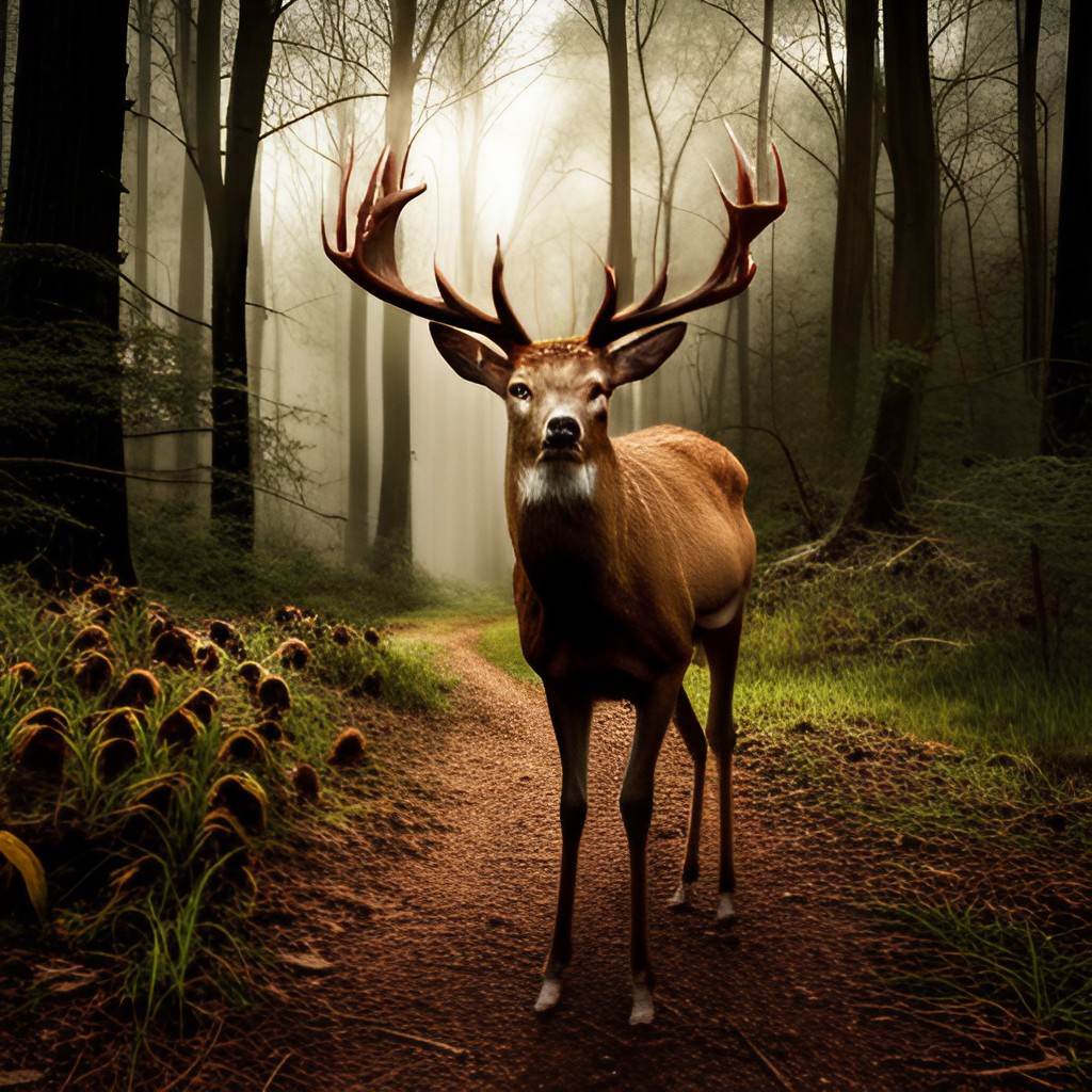 A chronic westing disease-affected deer stands in a lush forest with sunlight filtering through tall trees.